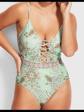 Seafolly Free Spirit Lace-Up One Piece Swimsuit Mint Floral Boho Size 16 (US 12)